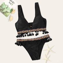 Romwe Tassel Trim Plunge Top With Embroidered Tape Bikini Set