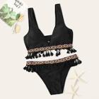 Romwe Tassel Trim Plunge Top With Embroidered Tape Bikini Set