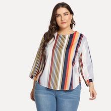 Romwe Plus Curved Hem Striped Top