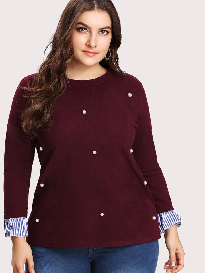 Romwe Contrast Stripe Pearl Beading Pullover