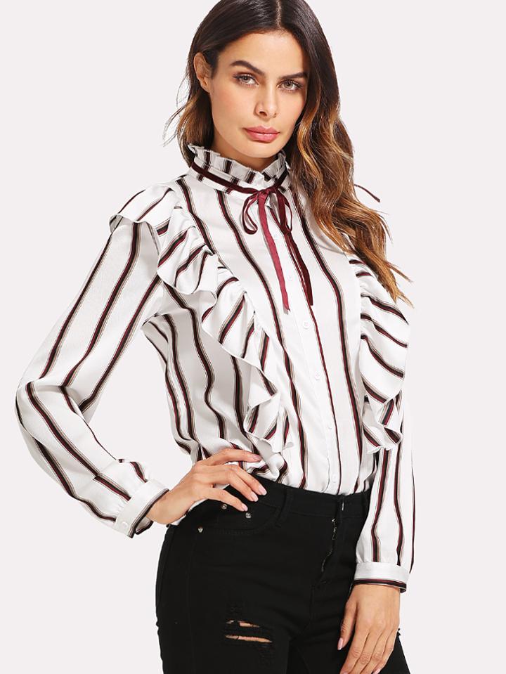 Romwe Tie Neck Frill Trim Striped Blouse