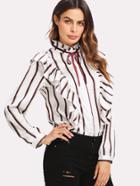 Romwe Tie Neck Frill Trim Striped Blouse