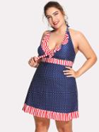 Romwe Polka Dot & Striped Print Skort Swim Dress