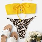 Romwe Lace-up Ribbed Bandeau With Leopard High Leg Bikini