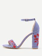 Romwe Disty Embroidery Gingham Block Heeled Sandals