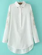 Romwe Lapel Embroidered Dipped Hem White Blouse