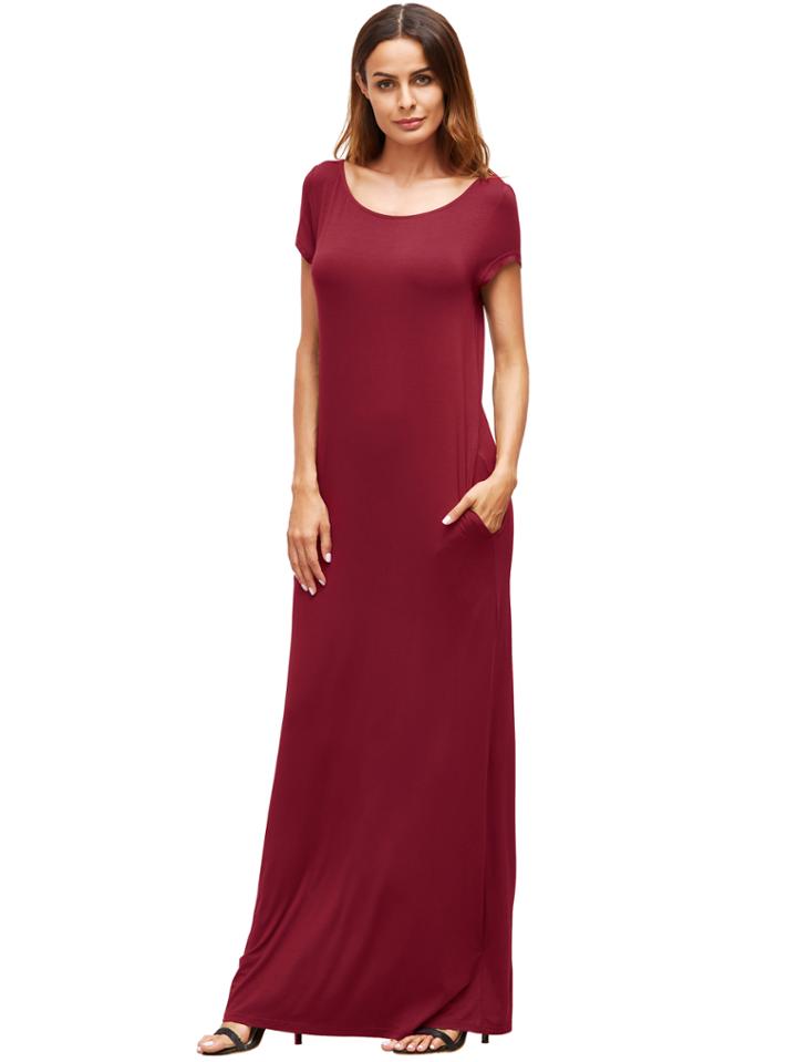 Romwe Red Pocket Short Sleeve Maxi Dress