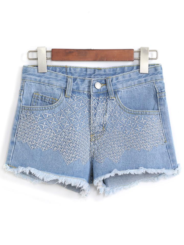 Romwe Fringe Embroidered Denim Light Blue Shorts