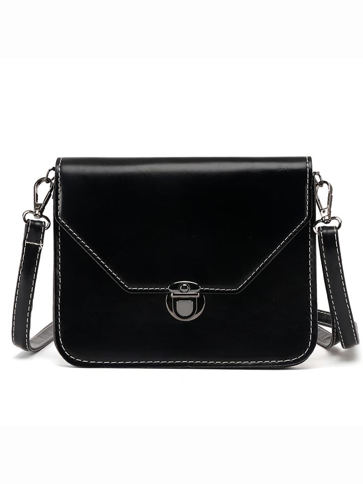 Romwe Faux Leather Push-lock Flap Bag - Black