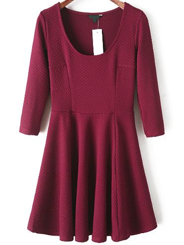Romwe Scoop Neck Pleated Wine Red Dress