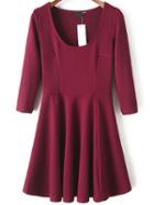 Romwe Scoop Neck Pleated Wine Red Dress