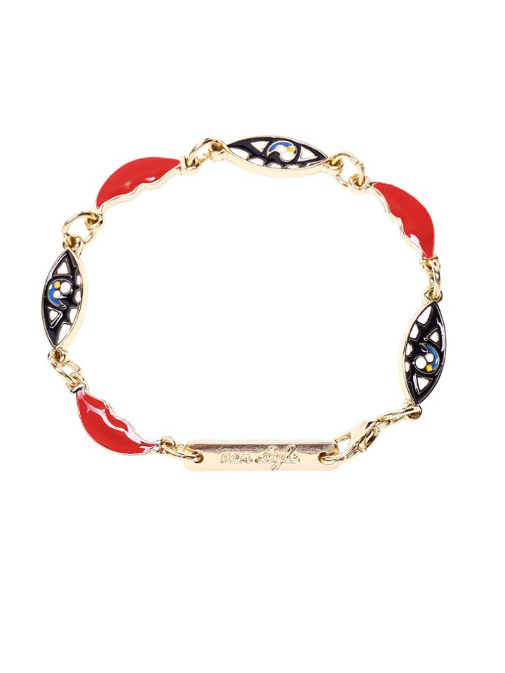 Romwe Gold Tone Plated Eye And Lip Link Bracelet