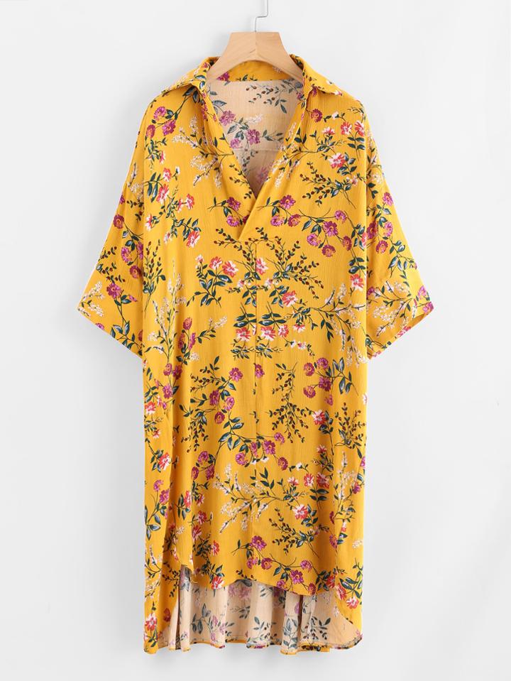 Romwe Ditsy Print Dip Hem Shirt Dress