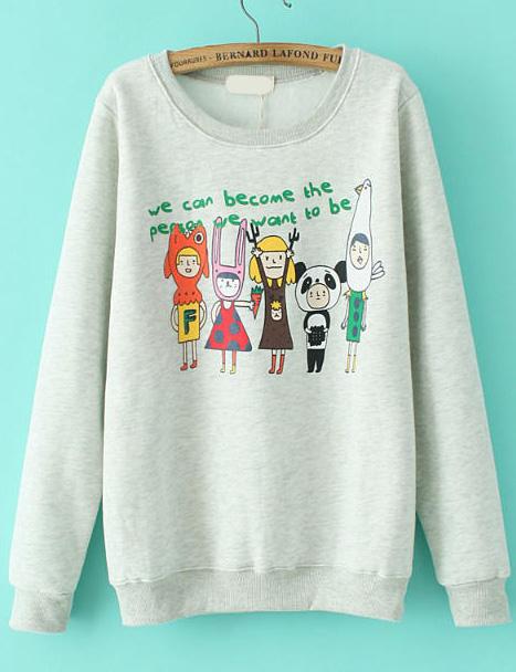 Romwe Cartoon Print Print Grey Sweatshirt