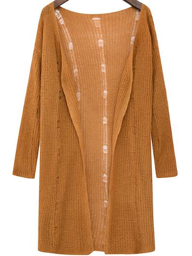 Romwe Open Front Hollow Khaki Cardigan