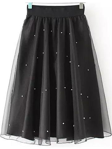 Romwe Elastic Waist With Bead Mesh Black Skirt