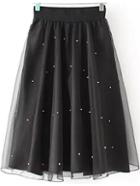 Romwe Elastic Waist With Bead Mesh Black Skirt