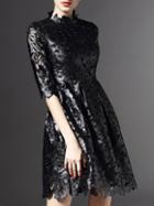 Romwe Black Pu Leather Crochet Hollow Dress