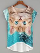 Romwe Multicolor Cat Print High Low T-shirt