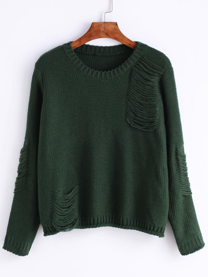 Romwe Long Sleeve Ripped Green Sweater
