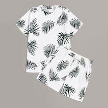 Romwe Guys Jungle Leaf Tee & Drawstring Waist Shorts Pj Set