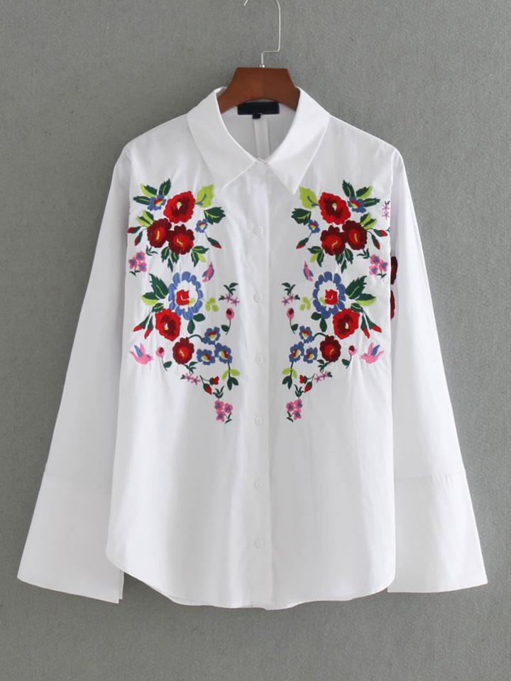Romwe Bell Sleeve Flower Embroidery Blouse