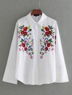 Romwe Bell Sleeve Flower Embroidery Blouse