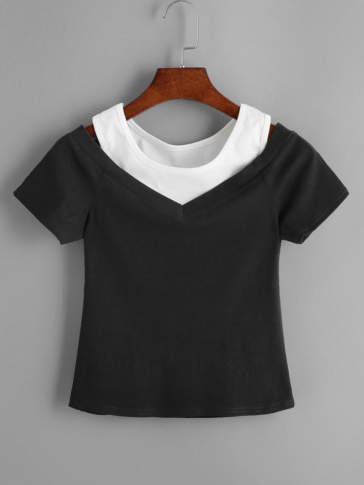 Romwe Black 2 In 1 Cold Shoulder T-shirt