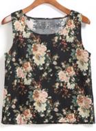 Romwe Black Scoop Neck Floral Loose Tank Top