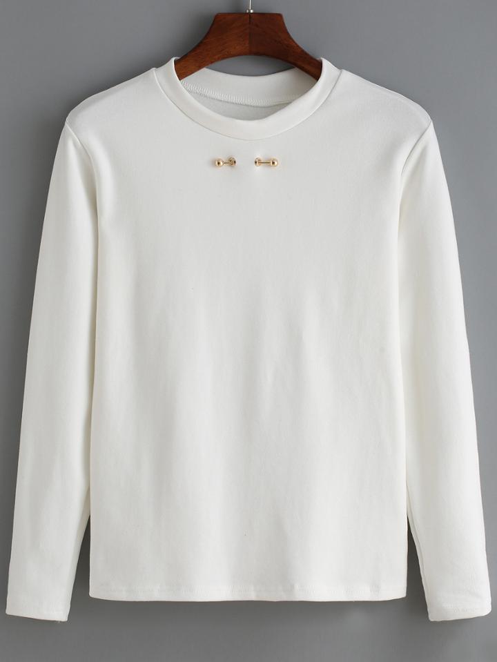 Romwe Round Neck Metal Embellished White Blouse