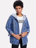 Romwe Pocket Front Drop Shoulder Detachable Hooded Denim Jacket