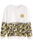 Romwe Contrast Camo Print Smile Face Embroidered Patch Sweatshirt