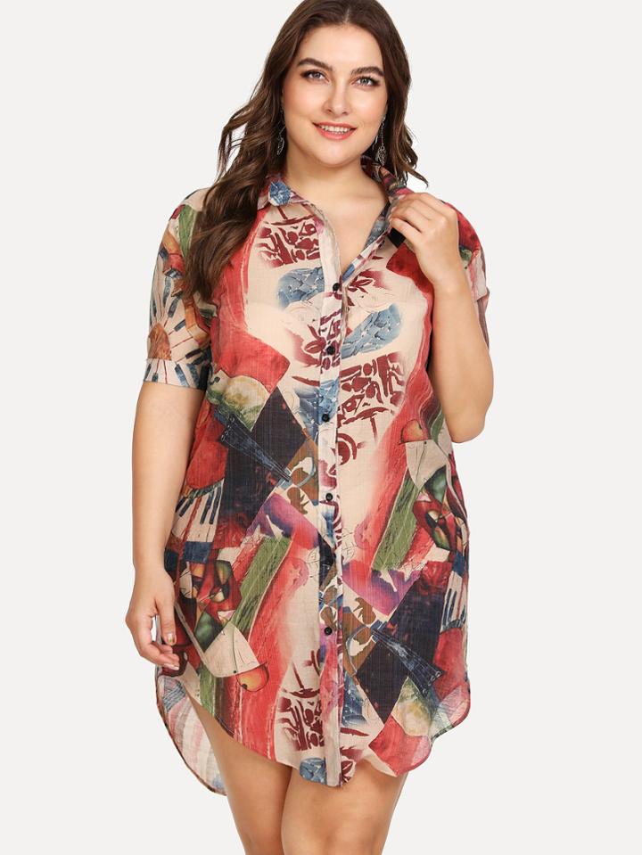 Romwe Floral Print Button Front Dress