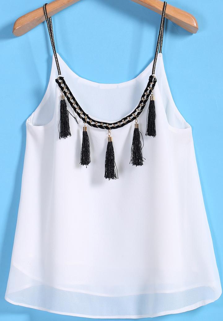 Romwe Spaghetti Strap Tassel Chiffon Vest