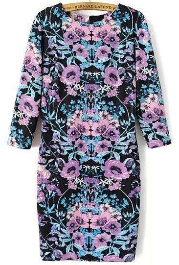 Romwe Black Round Neck Floral Bodycon Dress