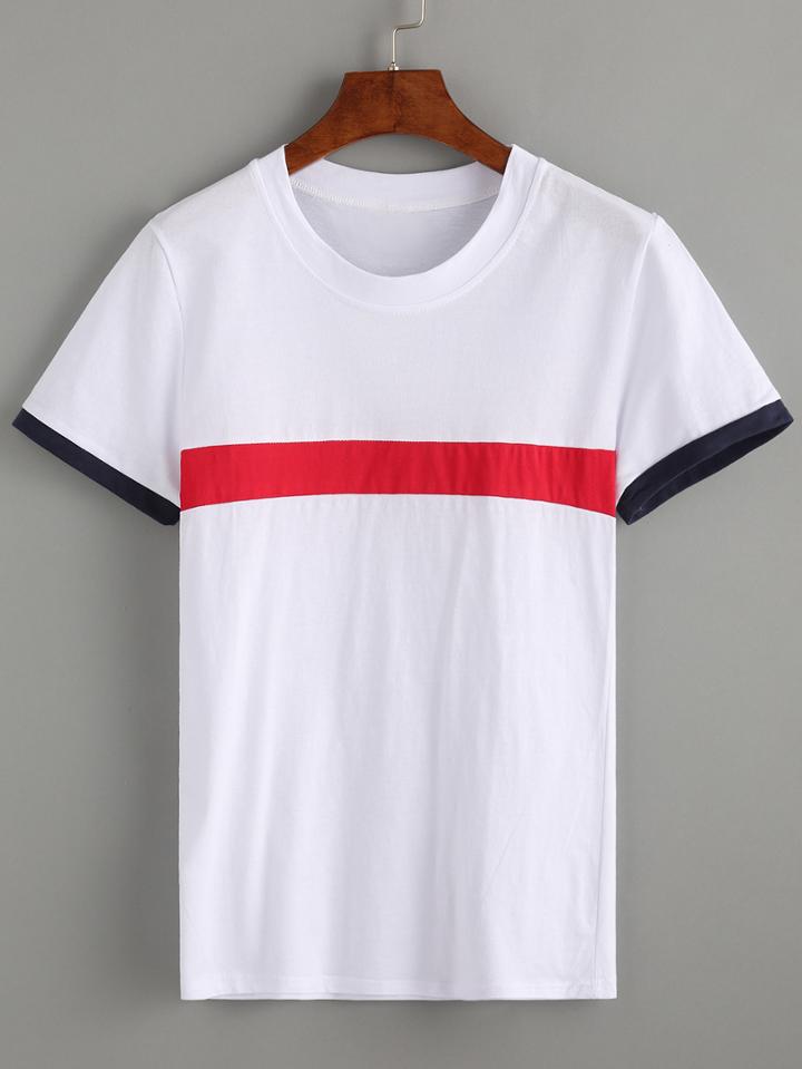 Romwe Color Block Round Neck T-shirt