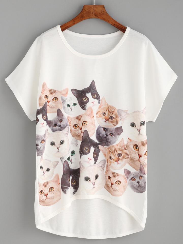 Romwe White Cat Print High Low T-shirt