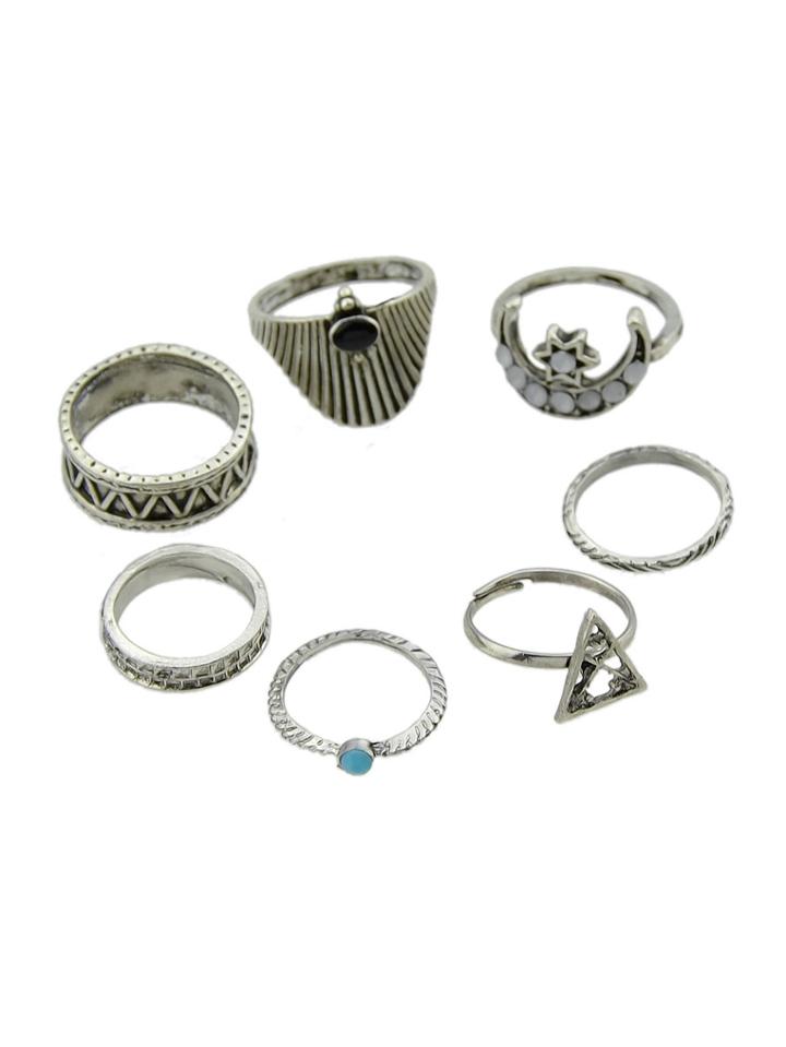Romwe 5pcs/set Silver Color Influx Of Geometric Rings