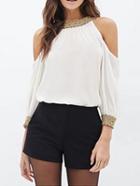 Romwe White Cold Shoulder Sequined Chiffon Blouse