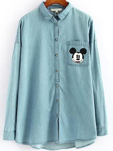 Romwe Lapel Dip Hem Pocket Denim Blouse
