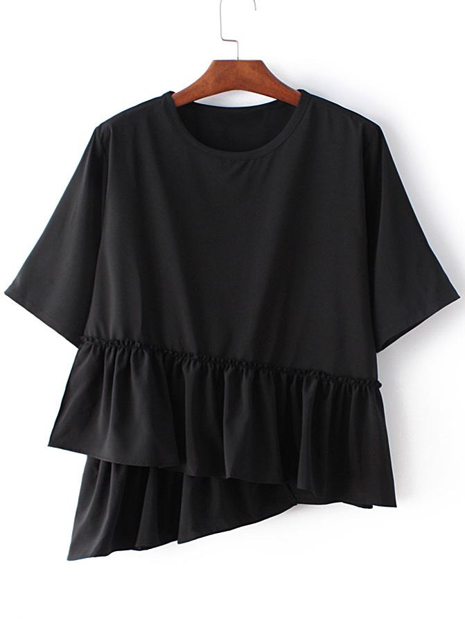 Romwe Black Round Neck Ruffle Hem Short Sleeve Blouse