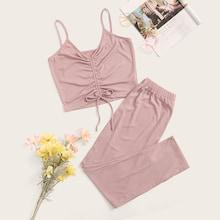 Romwe Ruched Knot Detail Cami & Pants Pj Set