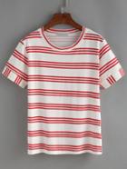 Romwe Red Strip Roll Sleeve T-shirt