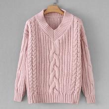 Romwe V-neck Twisted Knit Solid Jumper