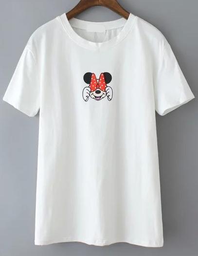 Romwe Bow Mickey Print White T-shirt