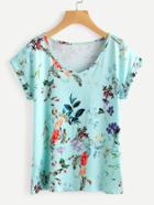 Romwe Rolled Cuff Flower Print T-shirt