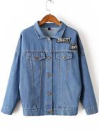 Romwe Blue Letter Embroidery Denim Jacket