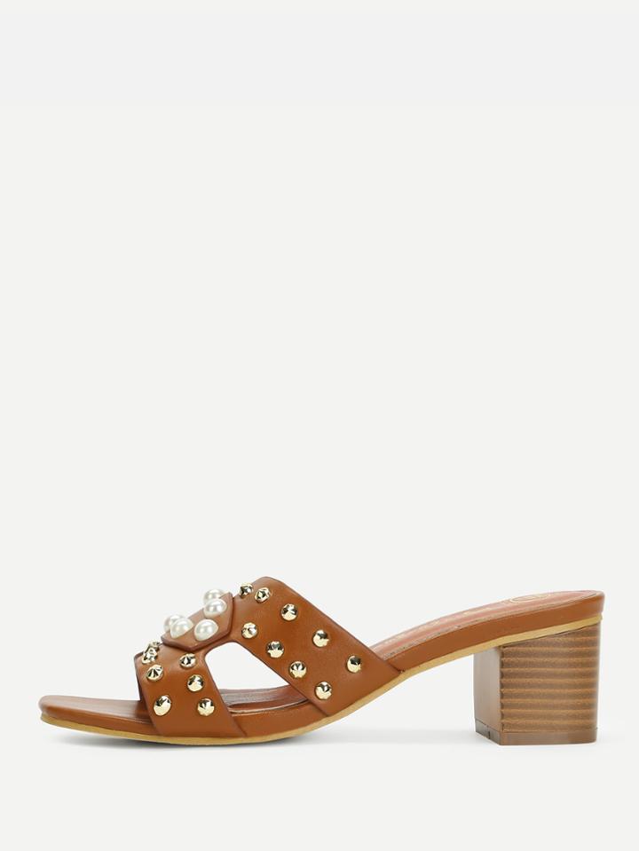 Romwe Faux Pearl Cork Heeled Mules