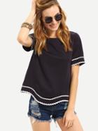 Romwe Navy Waved Print Trim Short Sleeve Blouse