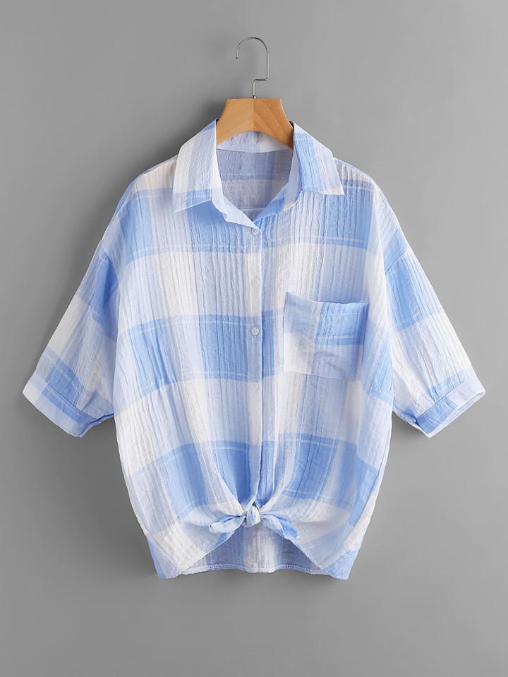 Romwe Gingham Print Knot Front Shirt With Chest Pocket